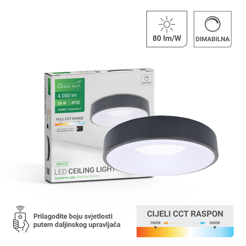 Smart plafonjera metalna 50W, 3CCT s daljinskim up., fi 40cm
