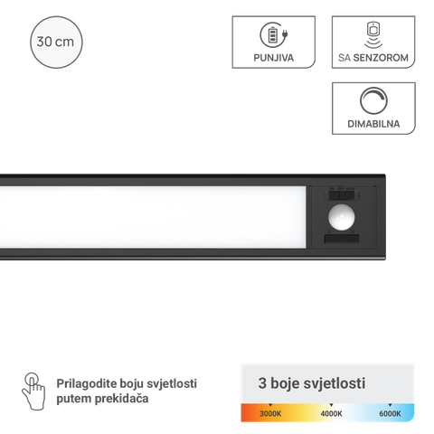 LED svjetiljka za ormare punjiva 1,5W, 3CCT, DIM, PIR senzor, crna