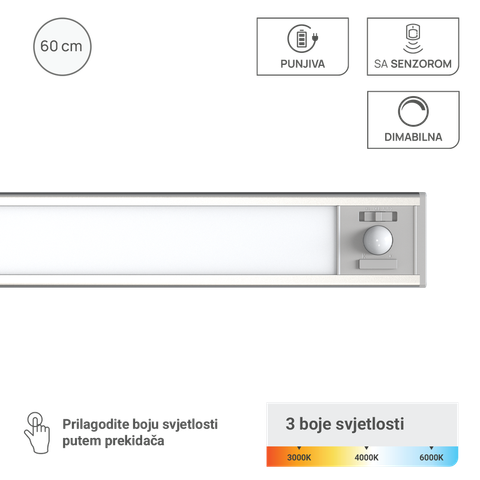 LED svjetiljka za ormare punjiva 3W, 3CCT, DIM, PIR senzor, srebrna