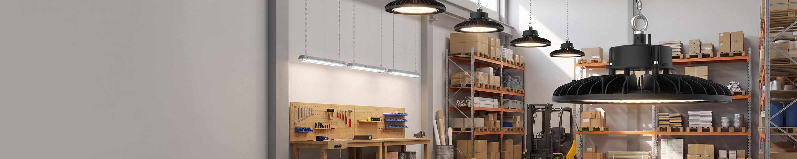 Warehouse hall lit by LED high-bay luminaires